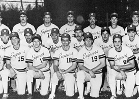 Baseball team photo with three rows of players.