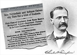 Newspaper clipping from 1885 about Rose-Hulman first graduates. Wiht a photo of founding president Charles O. Thompson.
