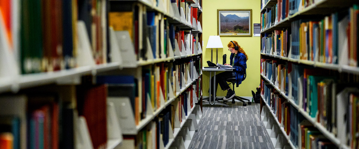 Library interior with bookshelves