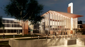 Computer-generated artist rendering of the renovated Mussallem Union at night.