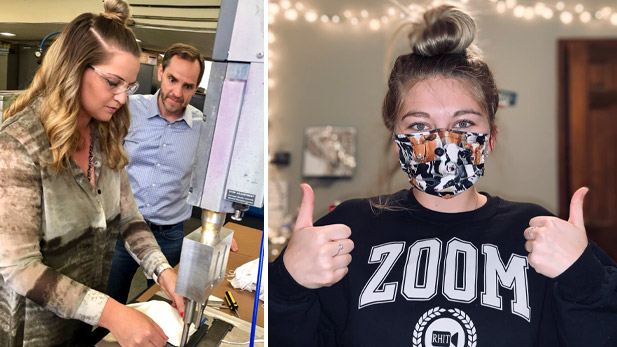 Two images: one of Shannon Kerns making a mask and the other of Kayla Harding wearing a mask and a Zoom University sweatshirt and giving a thumbs up.