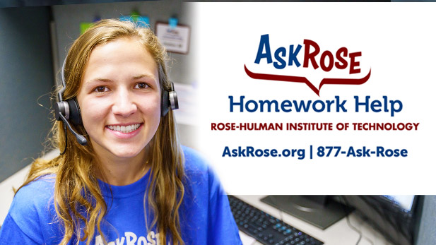 AskRose student tutor smiling while wearing a telephone headset to talk with students requesting help. Right: AskRose Homework Help logo.