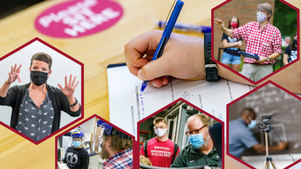 Collage of students working on projects and faculty teaching class.