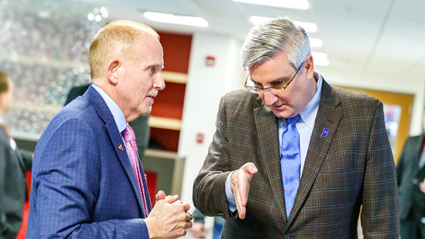Indiana Governor Eric Holcomb speaks with Rose-Hulman President Robert A. Coons in the Mussallem Union.