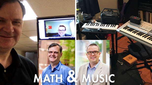 Drs. Rickert and Chapman. Rickert is teaching online. Chapman's area of the photo includes two electric keyboards.