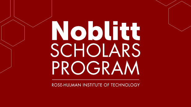 Red background with white letters reading Noblitt Scholars Program.