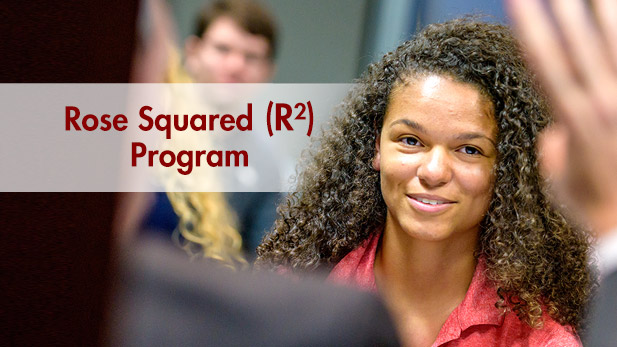 A smiling student and Rose-Squared logo.