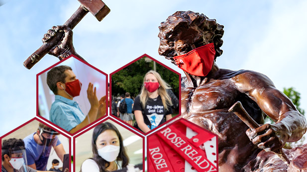 Self-made Man statue wearing a mask and sub-images of students also wearing Rose-Hulman-issued masks.