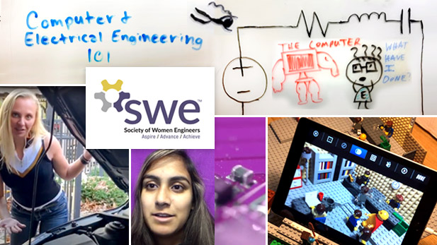 Scenes from the featured videos, including white board images and two female Rose-Hulman students presenting engineering concepts. Also the SWE logo is featured.