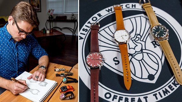 There are two images. Left: Phil Rodenbeck sketches a watch design. Right: Three of Rodenbeck's watches laying against the Visitor Watch logo.