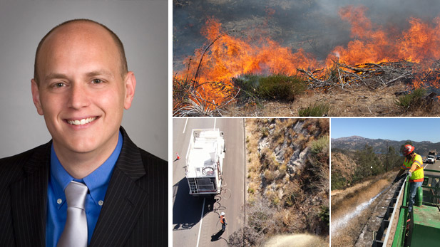 There are four images. Left: Wes Bolsen headshot. Right: Collage of wildfire images.