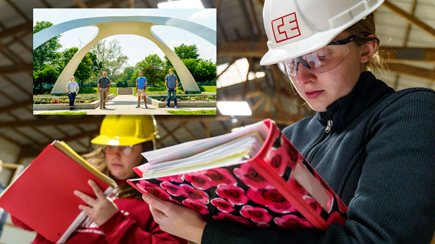 There are two images. Top: Four civil engineering students pose under a sculpture at Fairbanks Park. Right: Civil engineering students wearing hard hats write on a binder.