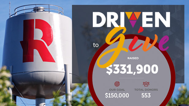Rose-Hulman water tower and Mission Driven logo with Rose Giving Day fundraising totals.