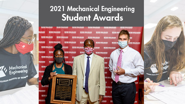 Students pose holding awards and working on projects.