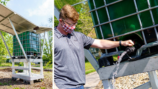Left: The rainwater collection and Uberfrigerator in the community garden. Right: A student pours water out of a spout on the rainwater collection equipment.