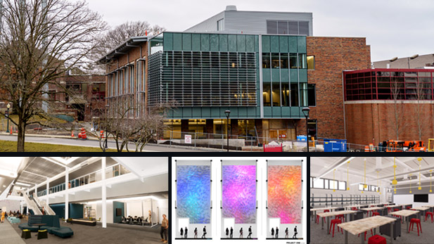 There are four images. Top: Exterior photo of the New Academic Building. Bottom left: Interior of New Academic Building. Bottom middle: Depth of Field art wall. Bottom left: Classroom in the New Academic Building.