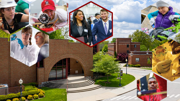 Collage of students working on projects over the top of an image from campus showing the Olin Advanced Learning Center in the foreground and BSB Residence Hall in the distance.