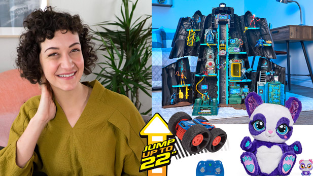 There are two images. Left: Amanda Bright. Right: Several of Spin Master's toys for the 2021 holiday season, including the Peek-A-Roo, the Air Hogs' Jump Fury vehicle, and the Batman Batcave.