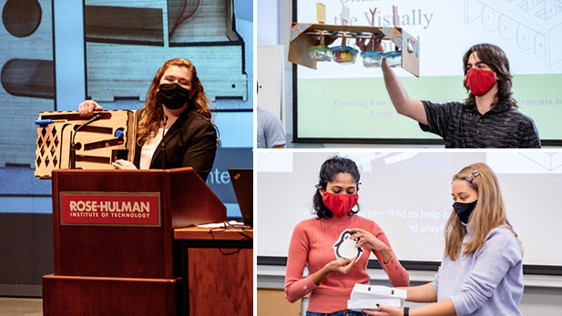 College of three photos of students presenting engineering design projects. 