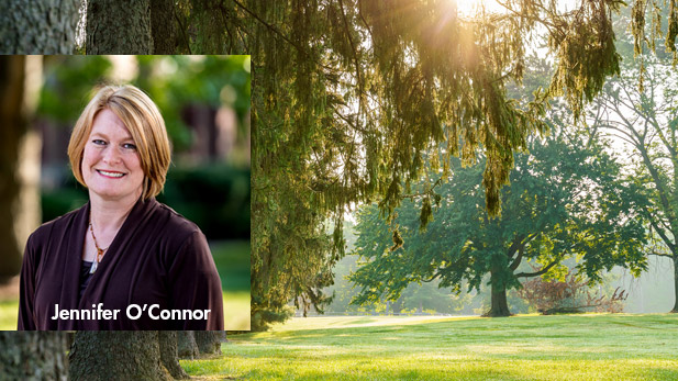 There are two images. Left: Jennifer O'Connor headshot. Right: Sun shines through leaves at the Hulman Farm property.