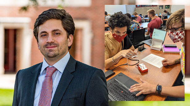 There are two images. Left: Kosta Popovic outside Moench Hall. Right: Students work on a project connected to a laptop.