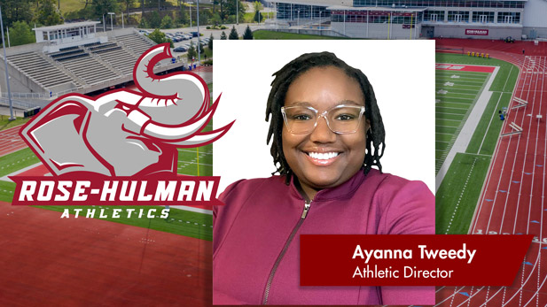 Rose-Hulman Athletics logo and headshot of Ayanna Tweedy overlayed across an image of the football stadium.
