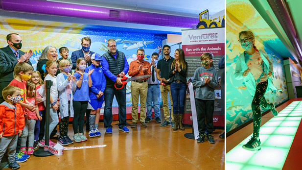 There are two images. Left: Local officials and children celebrate as the ribbon is cut on the exhibit. Right: A child runs on the exhibit platform.