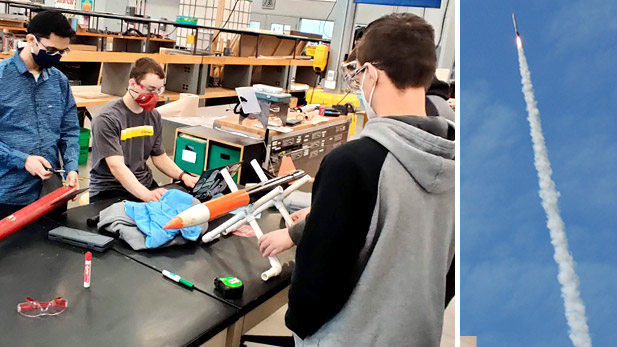 Left: Rocketry Club students work on their rocket. Right: A rocket leaves a trail across the sky.