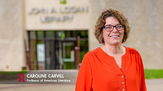 Caroline Carvill standing outside Logan Library.