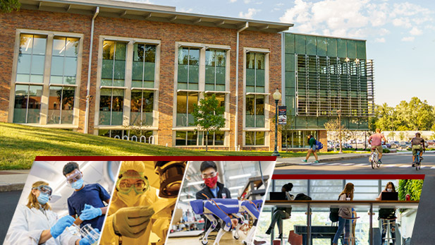 Top: Exterior photo of the New Academic Building. Bottom: Collage of students working on projects.
