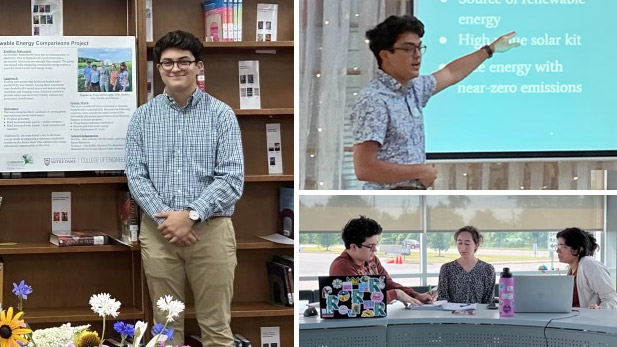 There are three images. Left: Alex Lefever and his research poster. Top right: Alex Lefever presents his research. Bottom right: Alex Lefever and a group of students sit at a table.