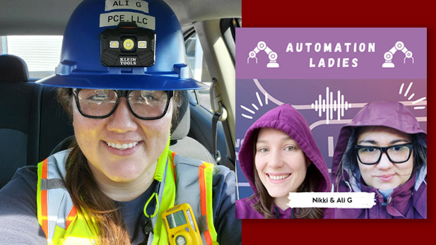 There are two images. Left: Alicia Gilpin takes a selfie in a hard hat and safety vest. Right: "Automation Ladies" podcast graphic with image of Alicia Gilpin and another woman.t
