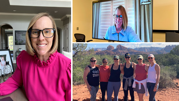 There are three images. Left: Anne Trobaugh. Top right: Anne Trobaugh on a large television screen. Bottom right: Anne Trobaugh and friends on a hike.
