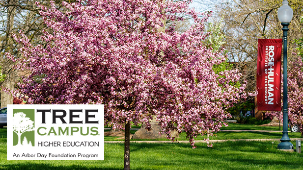 Left: Tree Campus Higher Education logo. Right:Cherry tree on Rose-Hulman campus in bloom..