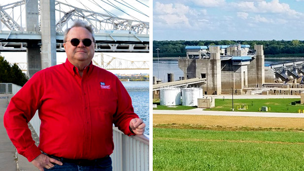 There are two images. Left: Dewey Rissler by the Ohio River. Right: Olmsted Locks and Dam.