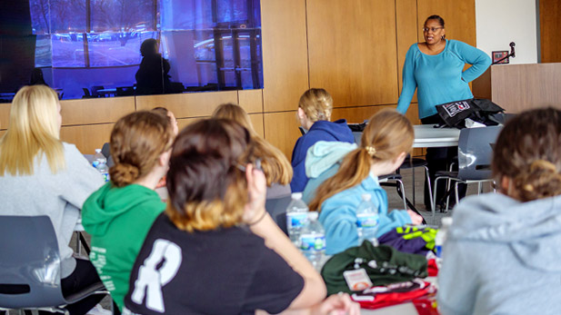 Dr. Carlotta Berry speaks to a group of high school students at Rose-Hulman.