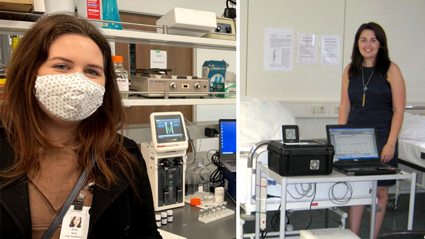 Two images of Erinn Reilly with medical and technical equipment.