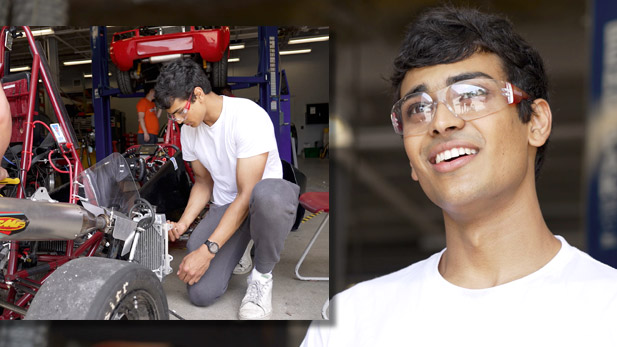 Left: Ganesh Gajavelli works on the Rose Grand Prix Engineering vehicle. Right: Ganesh Gajavelli, wearing safety goggles, smiles at something in the distance.