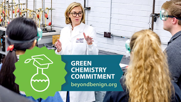 Top: Rose-Hulman chemistry professor Rebecca DeVasher speaks to a group of students in a lab. Bottom: Green Chemistry Commitment logo.