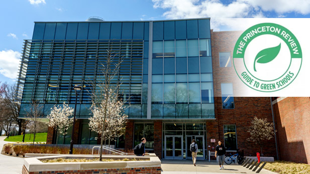 The Princeton Review Guide to Green Schools logo overlayed on an exterior image of the New Academic Building.