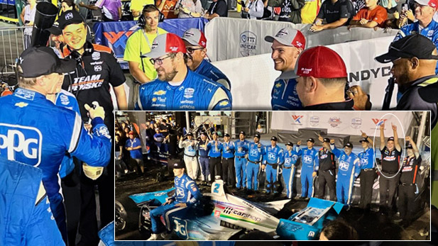 Josh Wilmerding on a pit crew with Team Penske. He is circled in white second from right.
