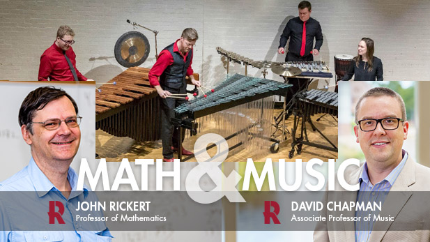 Collage photo of John Rickert, David Chapman and Rose-Hulman students playing musical instruments.