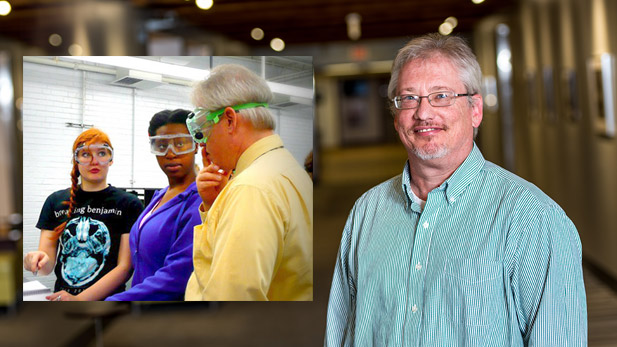 There are two images. Left: Michael Mueller advises students. Right: Michael Mueller in Moench Hall.