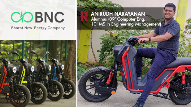 There are three images. Top left: Bharat New-Energy Company logo. Bottom left: Row of electric motorcycles. Right: Anirudh Narayanan on an electric motorcycle.