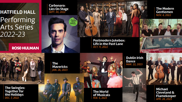 Collage images of performers coming to Hatfield Hall.