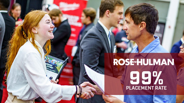 A student shakes hands with an employer at the Rose-Hulman Career Fair.