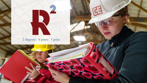 Left: Rose Squared logo. Right: A civil engineering student wearing a hard hat writes on a binder.