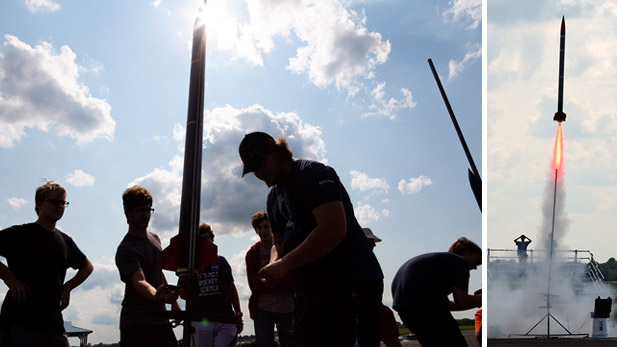 There are two images. Left: Silhouetted against the sun, Rose Rocketry Club members work on their rocket. Right: A rocket launches as a silhouetted person in the background raises their hands to their head.