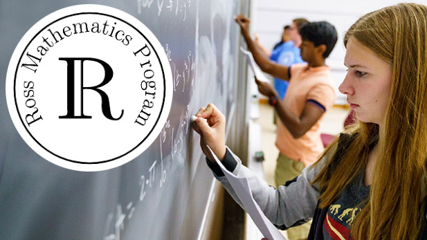 Left: Ross Mathematics Program logo. Right: Students writing on a chalkboard.