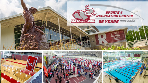 There are four images. Top: Sports and Recreation Center exterior. Bottom left: Hulbert Arena. Bottom middle: Career Fair in the SRC Fieldhouse. Bottom right: Swimming pool at the Sports and Recreation Center.